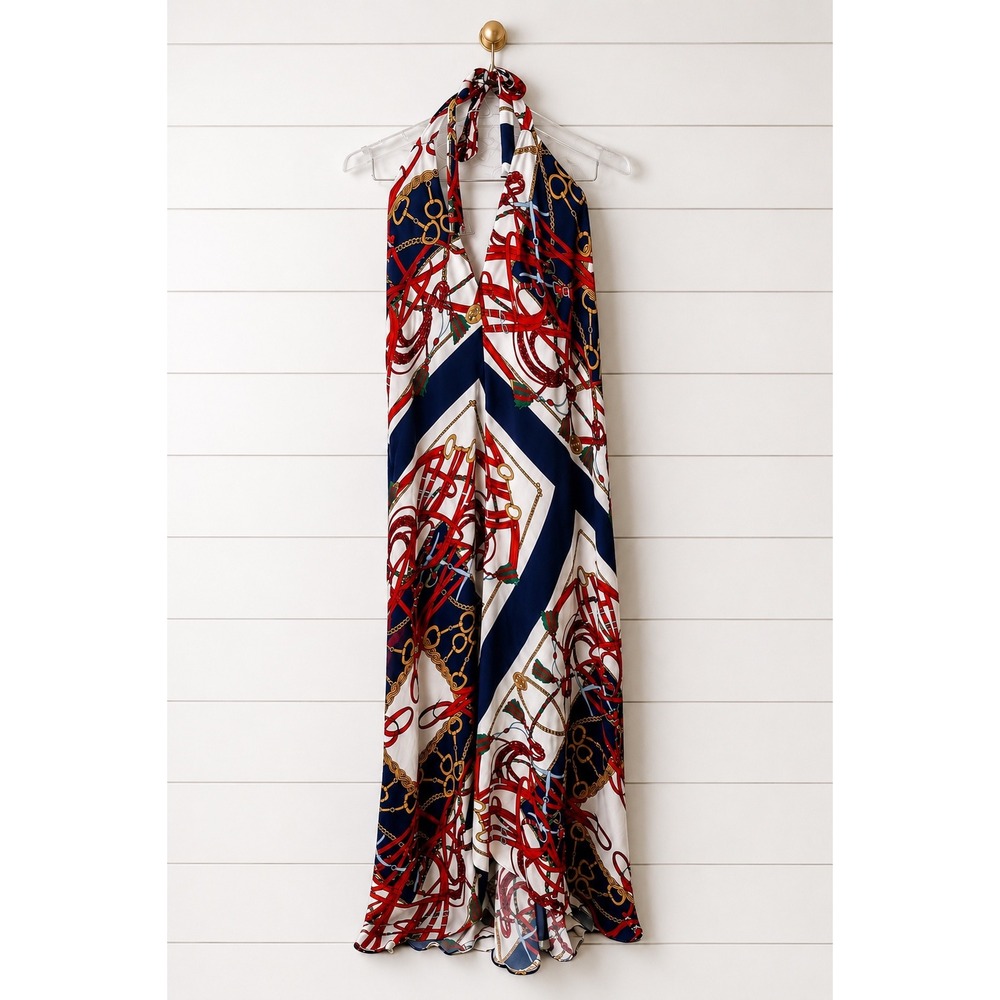 Zara Woman Nautical Yacht Club Halter Maxi Dress Navy Red Chain Print Size M